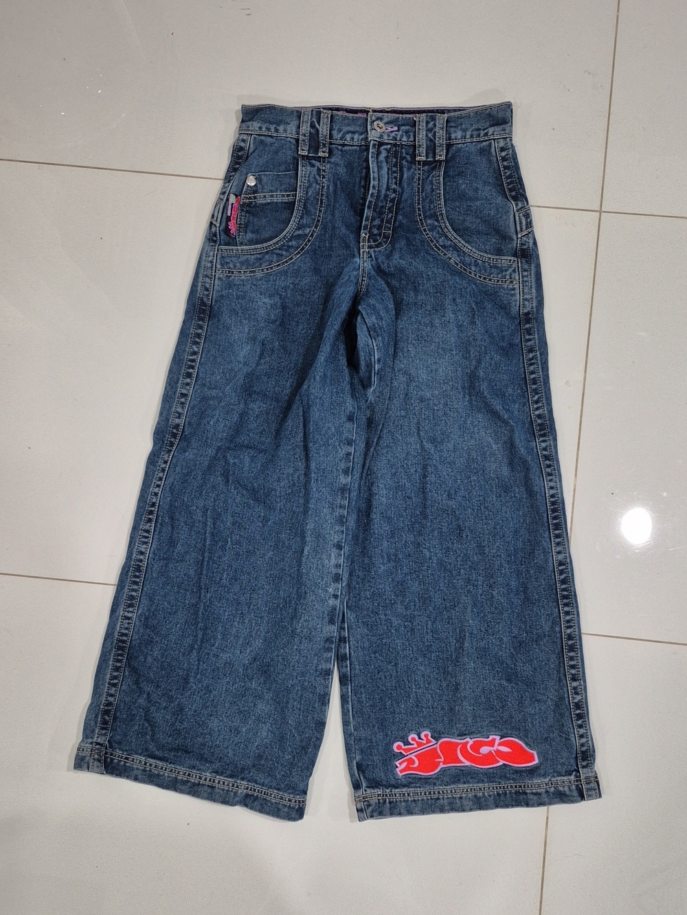 JNCO Dark Blue Wide-Leg Jeans with Red Logo Accent